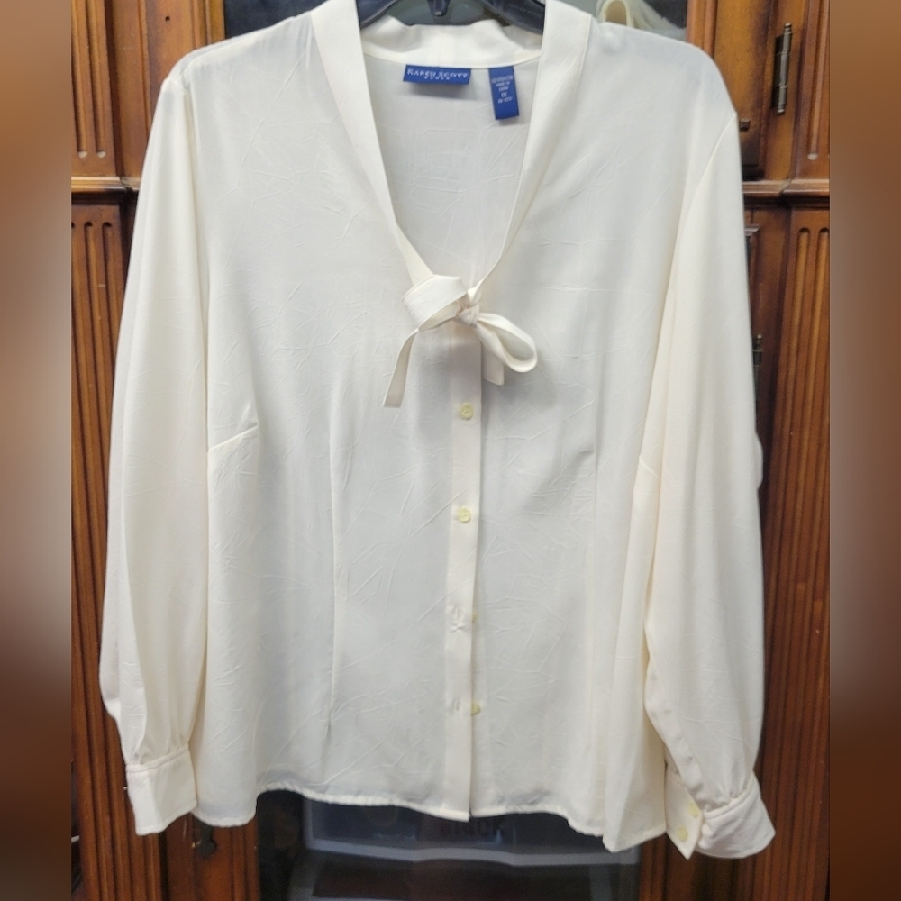 Karen Scott Cream Tie Front 1X Blouse Long Sleeve Dressy Top